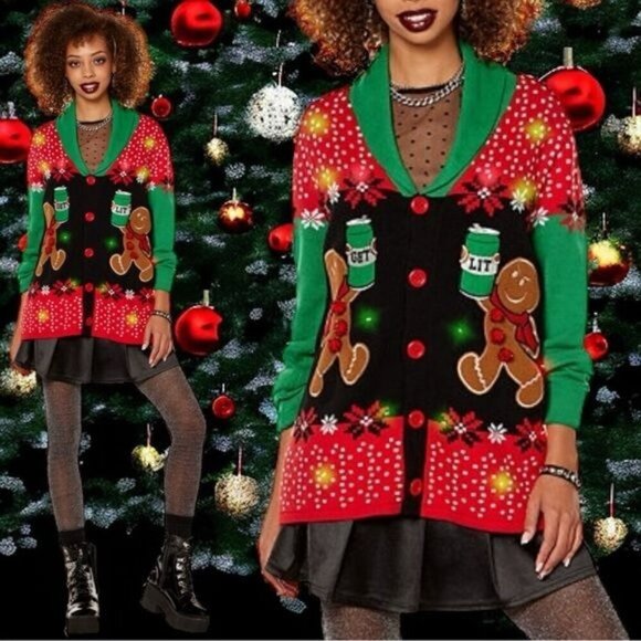 Spencer’s Gingerbread Get Lit Buttonup Sweater Holiday Christmas Unisex Size M - Picture 1 of 8